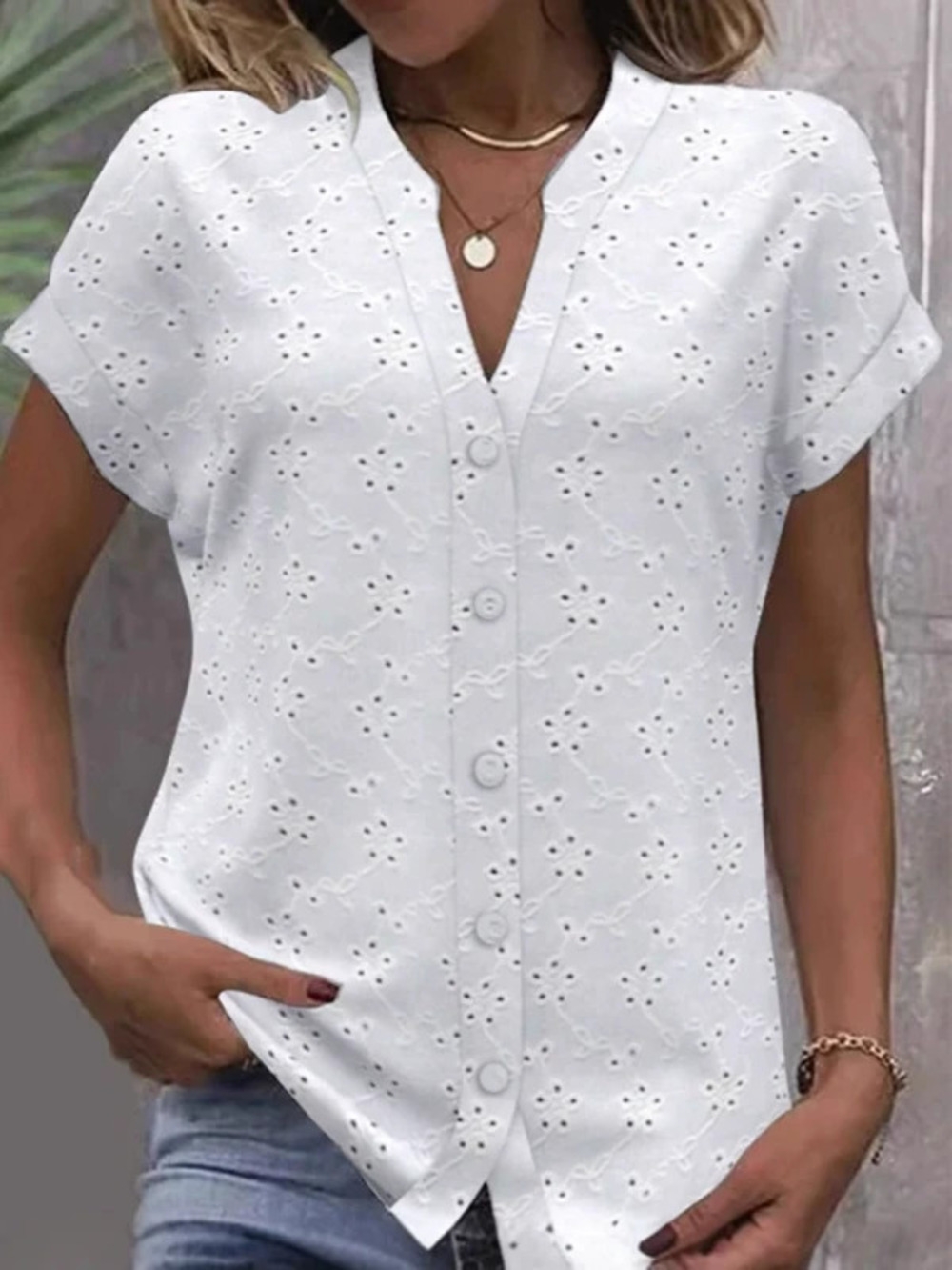 ZARA Chic Solid Color Stand Collar Lace Cutout Button Shirt